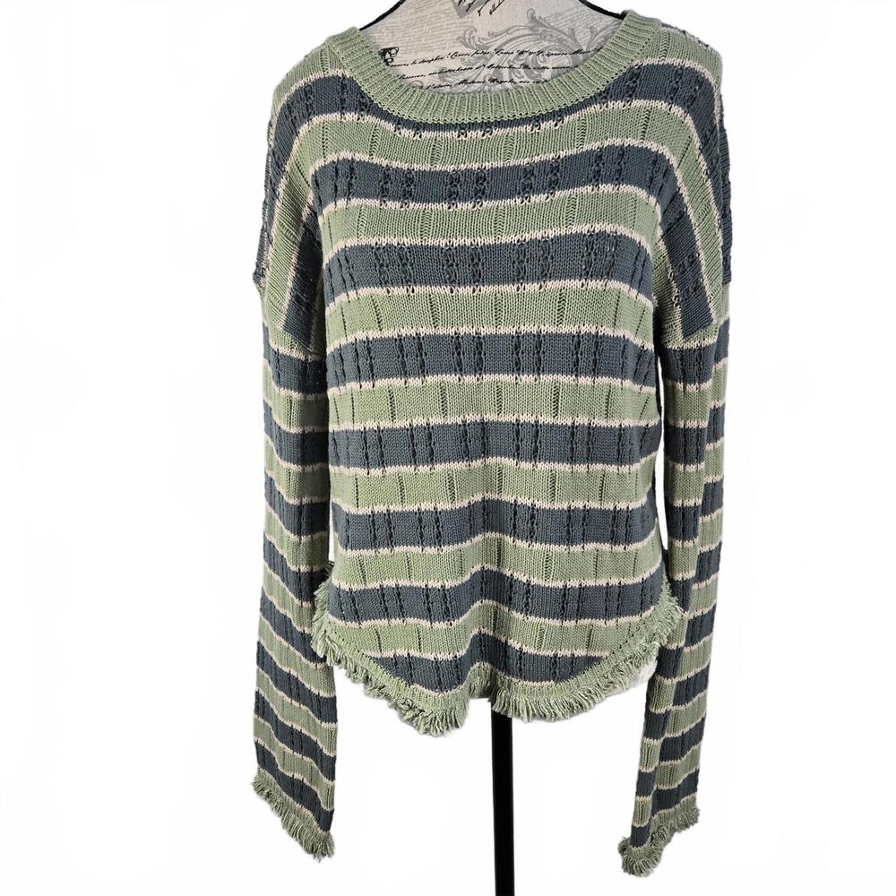 Hem & Thread Green Blue Cream Striped Crop Knit Sweater Fringe Hem Cozy Preppy M - Picture 2 of 9
